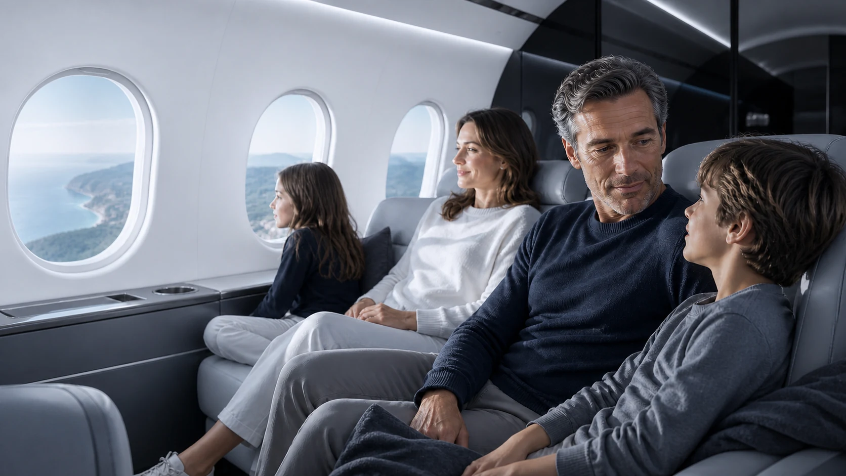 Illustrative family sharing a calm moment together on a flight