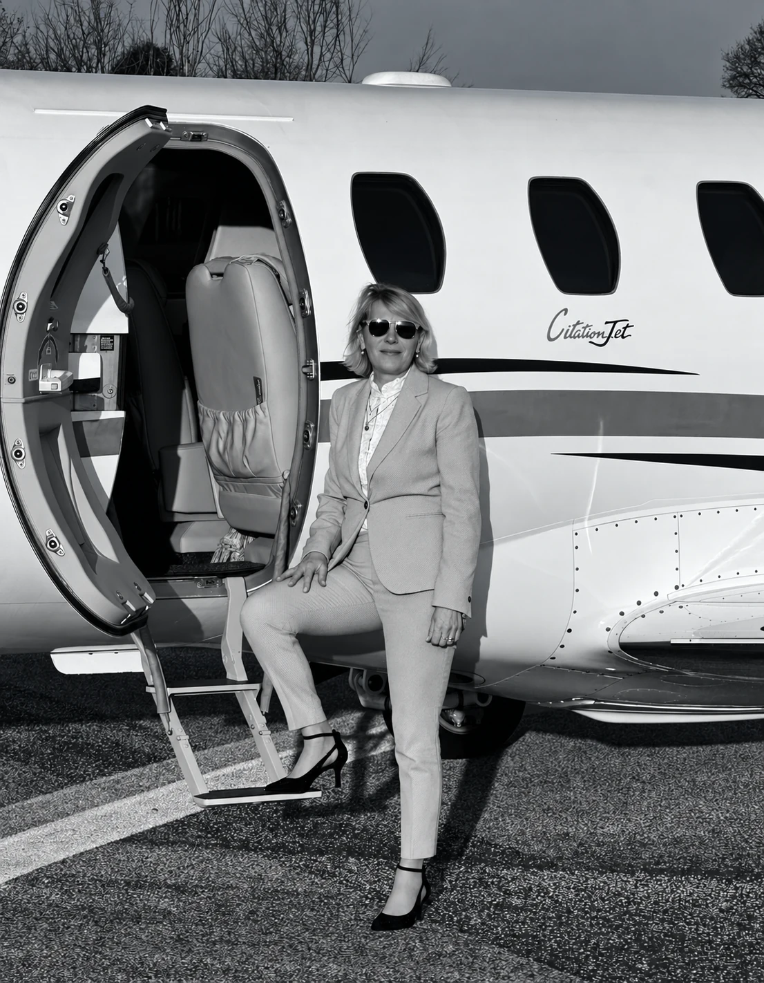 Monochrome treatment of the supplied portrait of Marija Hrovat beside an aircraft